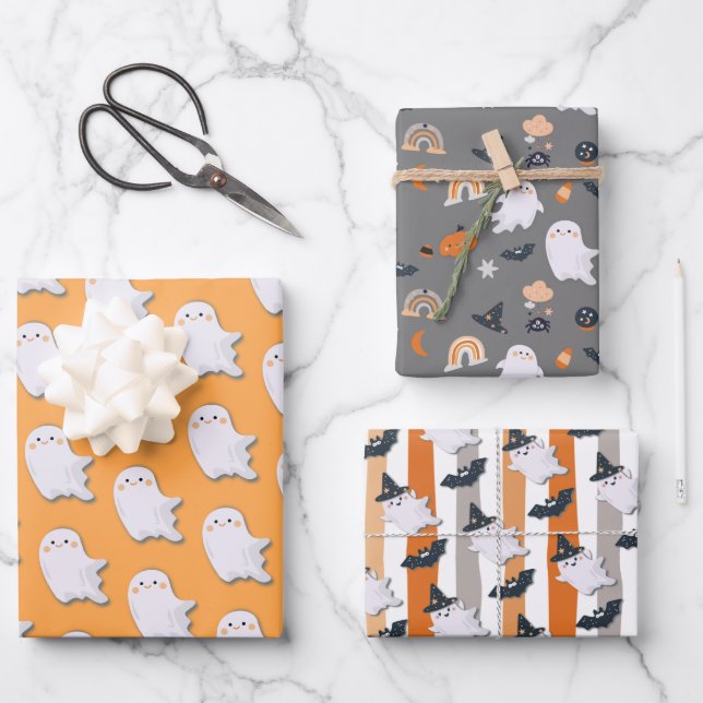 Halloween Little Boo Ghosts Wrapping Paper Sheets (Front)