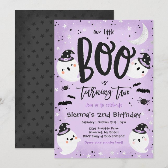 Halloween Little Boo Purple Ghost 2nd Birthday Invitation (Front/Back)