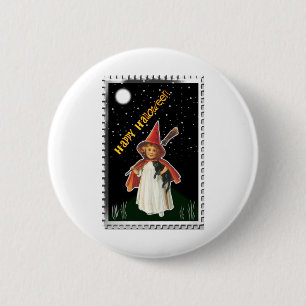 Halloween - Little Girl with Broom and Black Cat 2 Inch Round Button