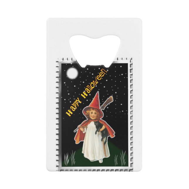 Halloween - Little Girl with Broom and Black Cat Credit Card Bottle Opener (Front)