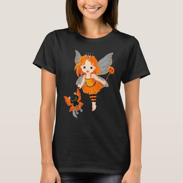 Halloween Little Orange Fairy With A Black Cat T-Shirt (Front)