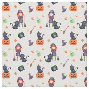 Halloween Little Witch, Black Cat and Pumpkin Cute Fabric