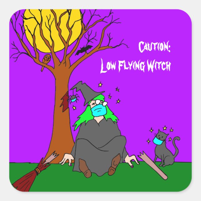 Halloween Low Flying Witch Square Sticker (Front)