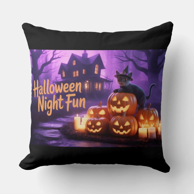 Halloween Magic–Adorable Cats & Flickering Pumpkin Throw Pillow (Front)