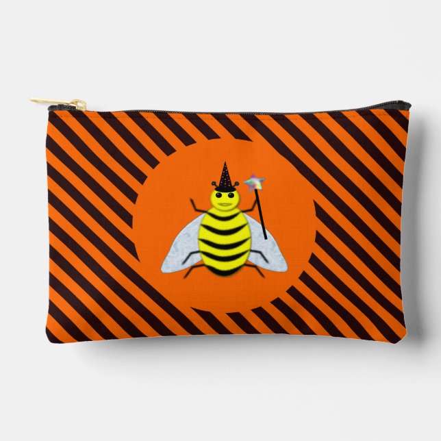 Halloween Magic Bee Witch orange and Black Stripes Accessory Pouch (Front)
