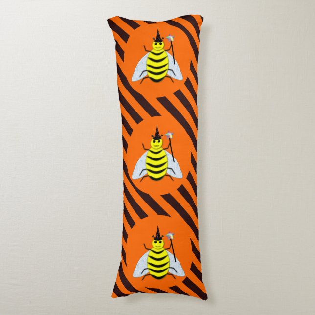 Halloween Magic Bee Witch Orange and Black Stripes Body Pillow (Front Vertical)
