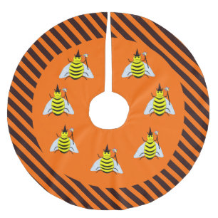 Halloween Magic Bee Witch Orange and Black Stripes Brushed Polyester Tree Skirt