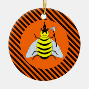 Halloween Magic Bee Witch Orange and Black Stripes Ceramic Ornament