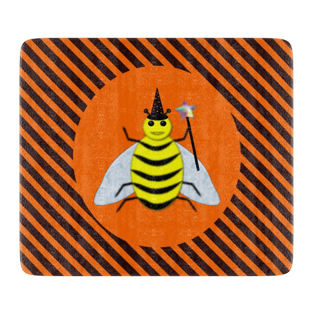 Halloween Magic Bee Witch Orange and Black Stripes Cutting Board (Front)