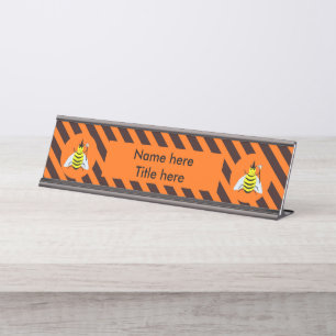 Halloween Magic Bee Witch Orange and Black Stripes Desk Name Plate