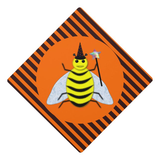 Halloween Magic Bee Witch orange and Black Stripes Graduation Cap Topper (Front)