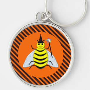 Halloween Magic Bee Witch Orange and Black Stripes Keychain