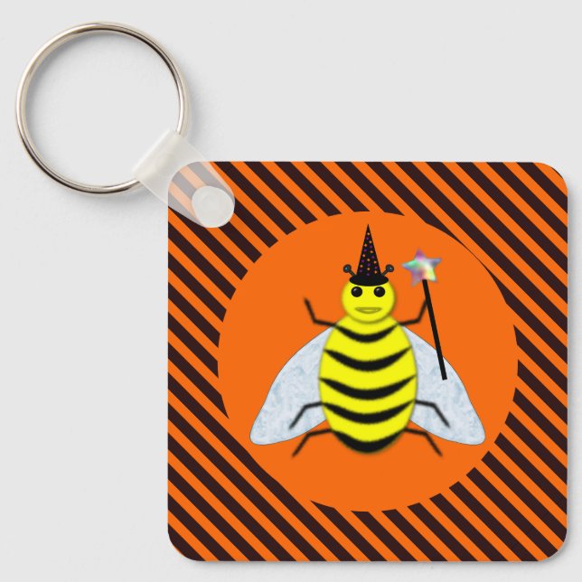 Halloween Magic Bee Witch Orange and Black Stripes Keychain (Front)