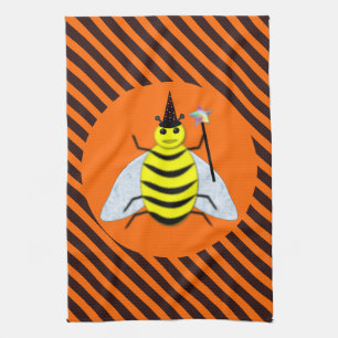 Halloween Magic Bee Witch Orange and Black Stripes Kitchen Towel