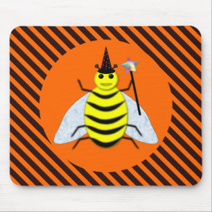 Halloween Magic Bee Witch Orange and Black Stripes Mouse Pad