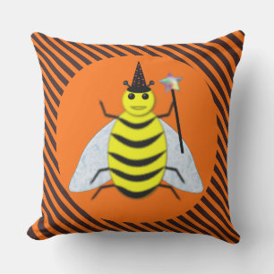Halloween Magic Bee Witch Orange and Black Stripes Outdoor Pillow