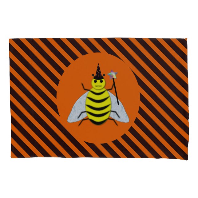 Halloween Magic Bee Witch Orange and Black Stripes Pillowcase (Front)