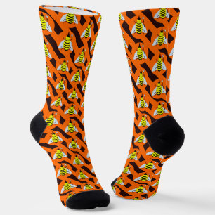 Halloween Magic Bee Witch Orange and Black Stripes Socks