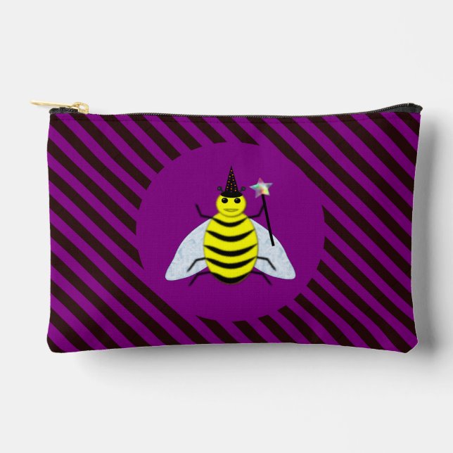 Halloween Magic Bee Wizard Purple and Black Stripe Accessory Pouch (Front)