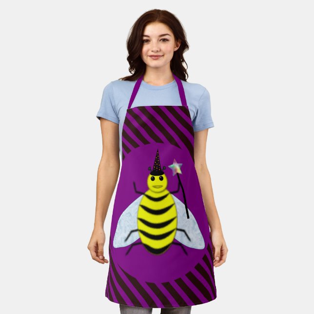 Halloween Magic Bee Wizard Purple and Black Stripe Apron (Worn)