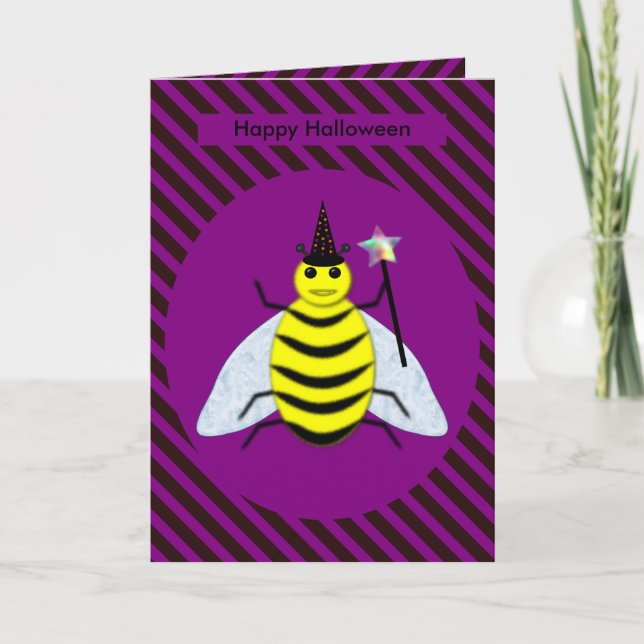 Halloween Magic Bee Wizard Purple and Black Stripe Card (Front)
