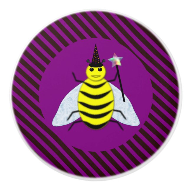Halloween Magic Bee Wizard Purple and Black Stripe Ceramic Knob (Front)