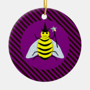 Halloween Magic Bee Wizard Purple and Black Stripe Ceramic Ornament
