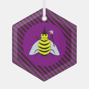Halloween Magic Bee Wizard Purple and Black Stripe Glass Ornament