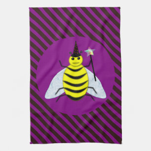Halloween Magic Bee Wizard Purple and Black Stripe Kitchen Towel