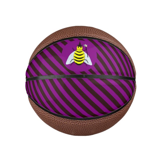 Halloween Magic Bee Wizard Purple and Black Stripe Mini Basketball (Front)