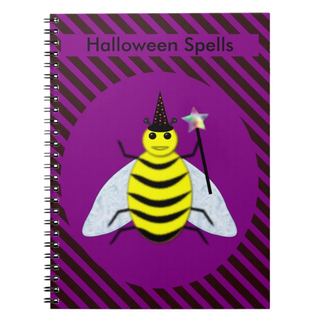 Halloween Magic Bee Wizard Purple and Black Stripe Notebook (Front)