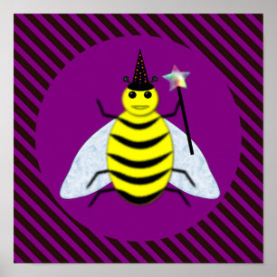 Halloween Magic Bee Wizard Purple and Black Stripe Poster