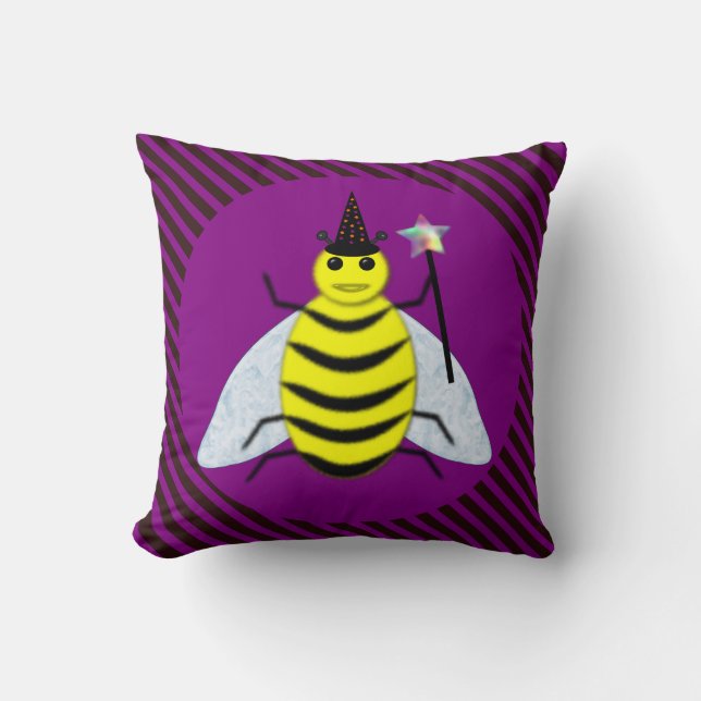 Halloween Magic Bee Wizard Purple and Black Stripe Throw Pillow (Front)