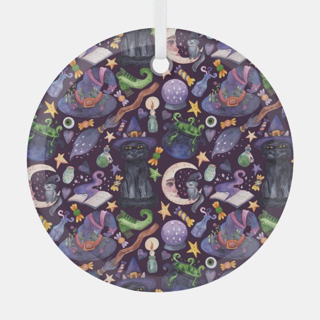 Halloween magic: dark hand-drawn pattern. glass ornament (Front)