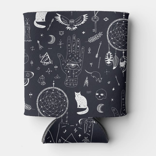 Halloween Magic: Vintage Doodle Pattern. Can Cooler (Front)