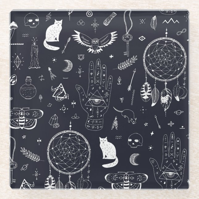 Halloween Magic: Vintage Doodle Pattern. Glass Coaster (Front)