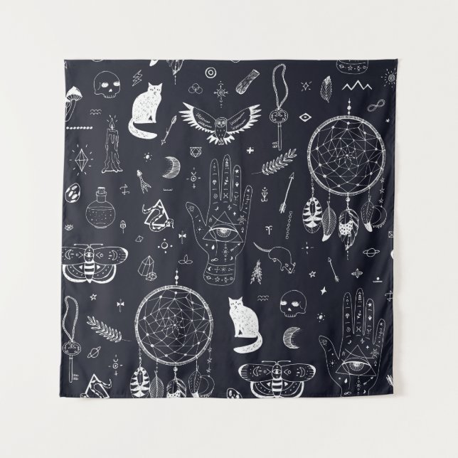 Halloween Magic: Vintage Doodle Pattern. Tapestry (Front)