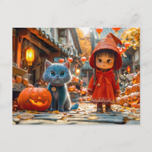 Halloween Magic with Pumpkins and Cat Holiday Postcard (Front)