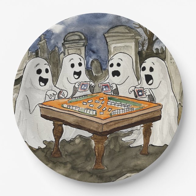 Halloween Mahjong Ghosts Paper Plate (Front)