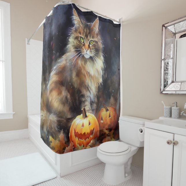 Halloween Maine Coon Cat With Pumpkins Scary (In Situ)