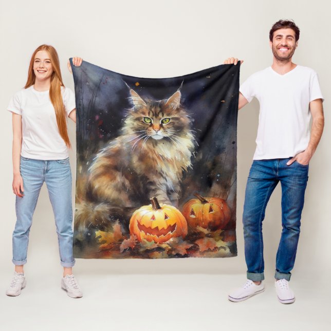 Halloween Maine Coon Cat With Pumpkins Scary Fleece Blanket (In Situ)
