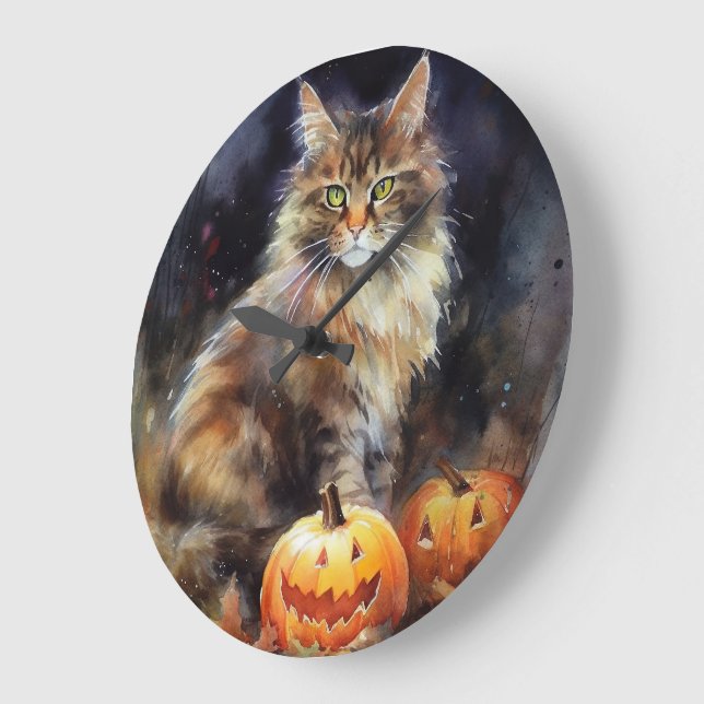 Halloween Maine Coon Cat With Pumpkins Scary Large Clock (Angle)