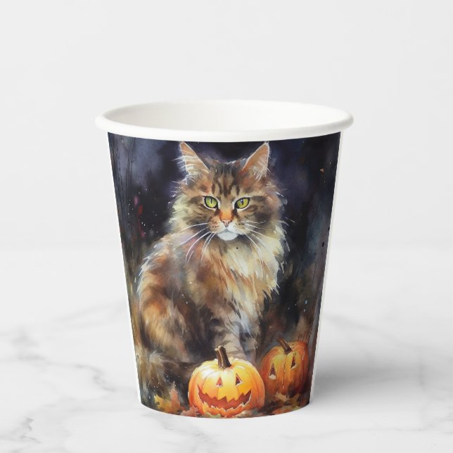 Halloween Maine Coon Cat With Pumpkins Scary Paper Cups (Front)