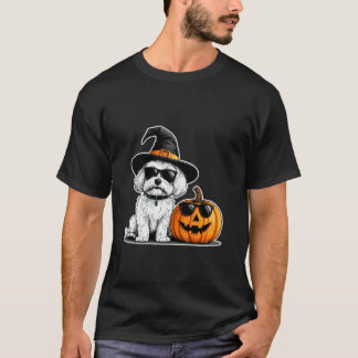 Halloween Maltese Funny Dog Sunglasses Pumpkin Des T-Shirt