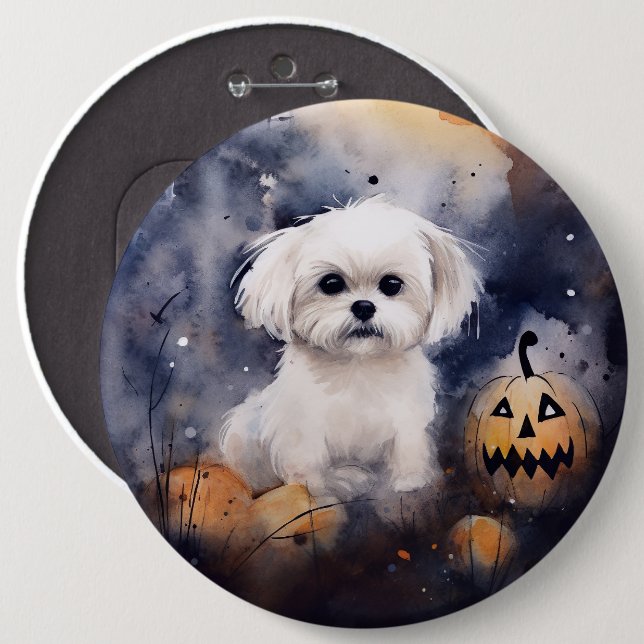 Halloween Maltese With Pumpkins Scary  6 Inch Round Button (Front & Back)