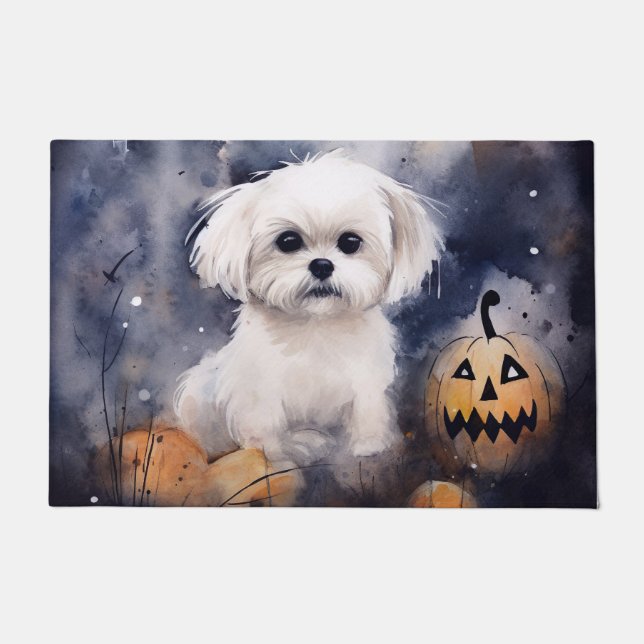 Halloween Maltese With Pumpkins Scary  Doormat (Front)