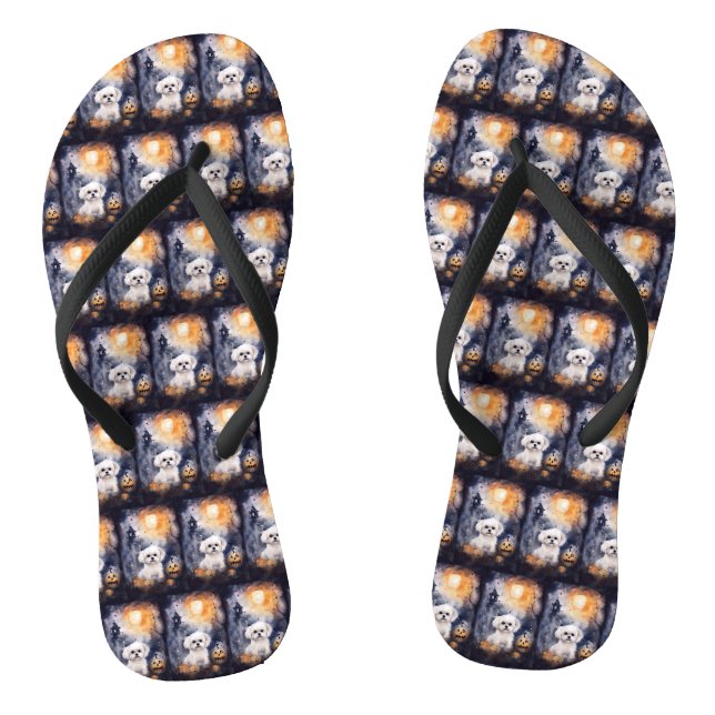 Halloween Maltese With Pumpkins Scary  Flip Flops (Footbed)