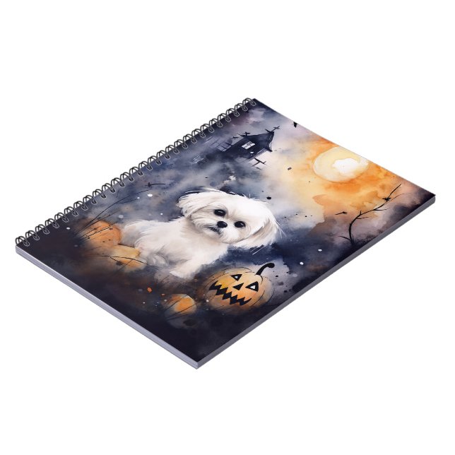 Halloween Maltese With Pumpkins Scary  Notebook (Left Side)
