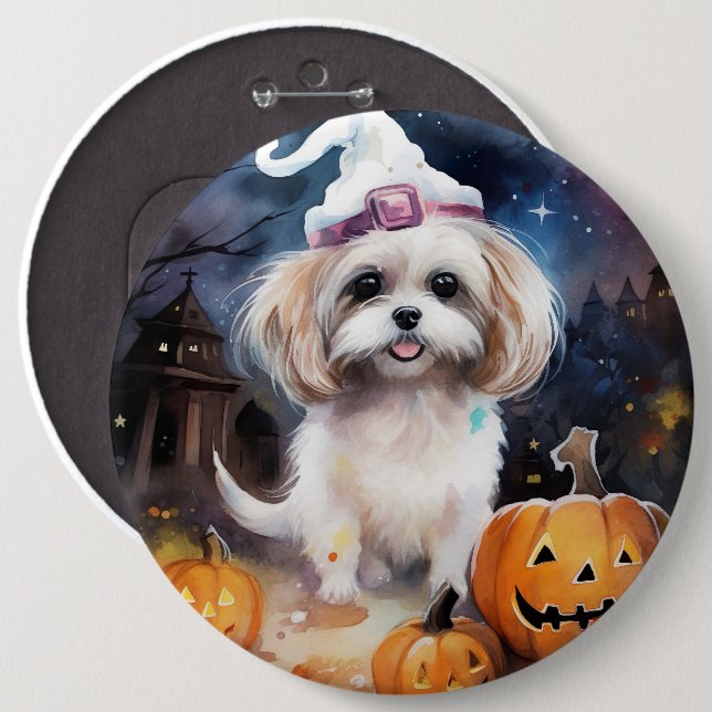 Halloween Malti Tzu With Pumpkins Scary  6 Inch Round Button (Front & Back)