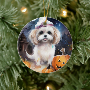 Halloween Malti Tzu With Pumpkins Scary  Ceramic Ornament